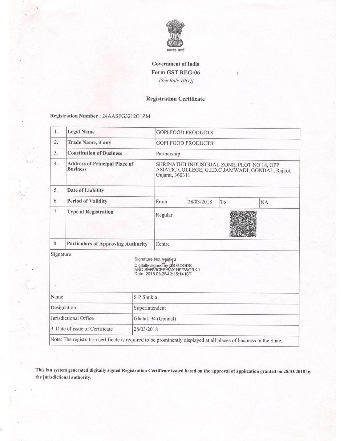 Scanned copy of the GST Registration of Gopi Food Products