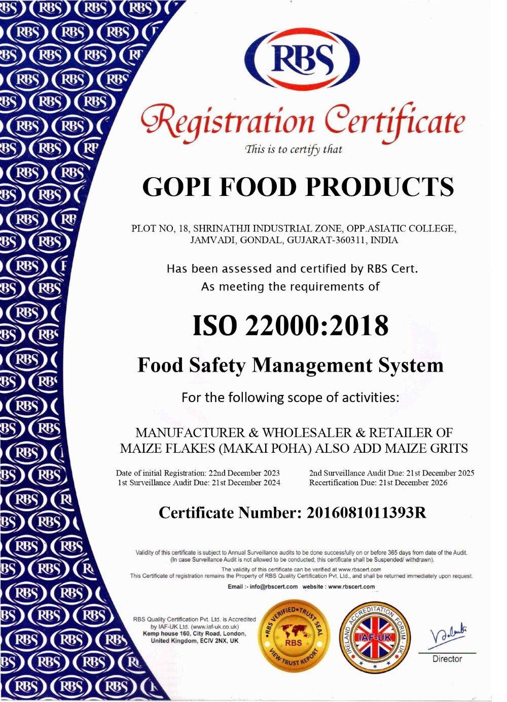 Scanned copy of the ISO 22000:2018 of Gopi Food Products