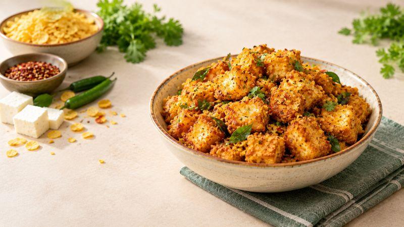 Crispy Makai Poha Crusted Paneer