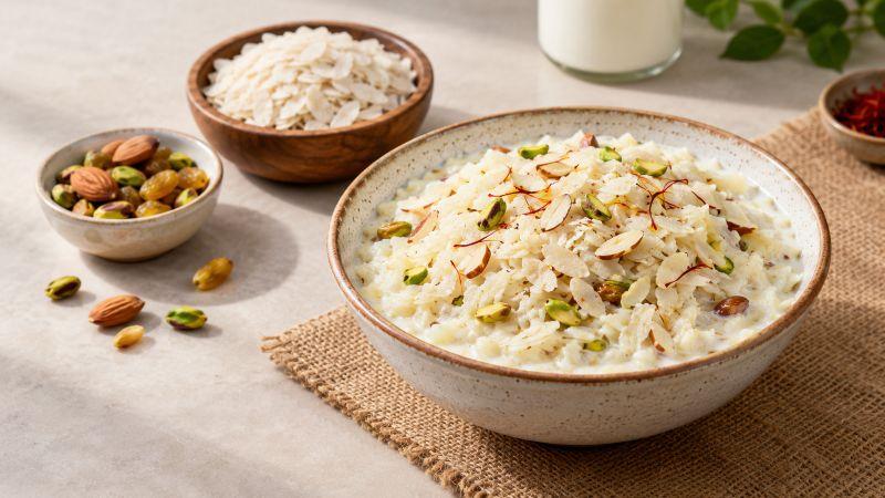 Sweet Milk Poha with jaggery and dry fruits
